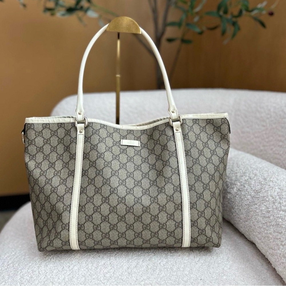 Gucci Beige GG Canvas Tote with White Trim and Double Handles